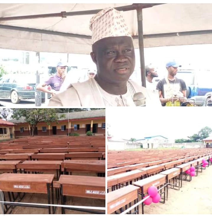 Photo: Orile Agege LCDA Chairman Johnson Babatunde distributes furniture to Public Primary Schools