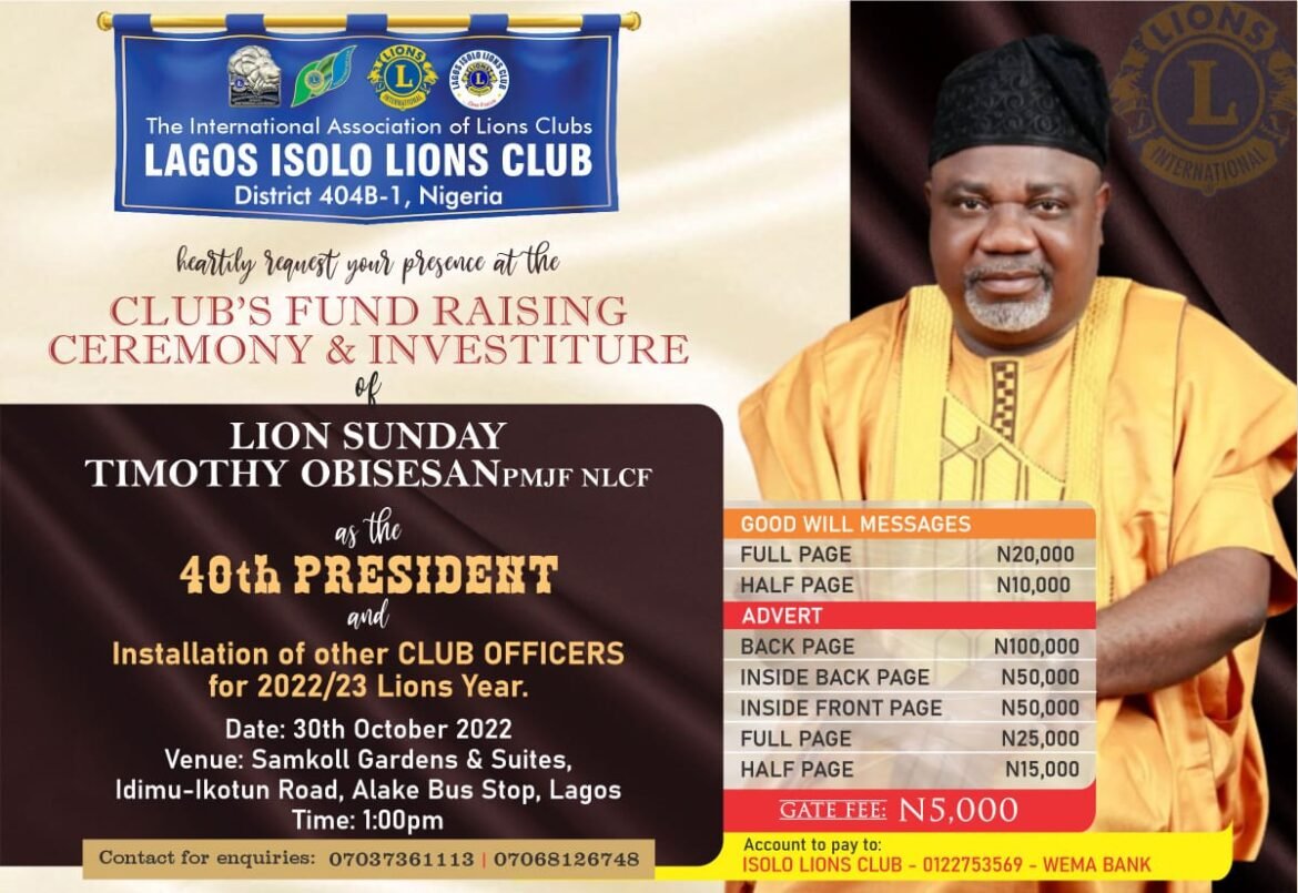 Lagos Isolo Lions Club holds 40th Investiture Ceremony, installations of new Club Officers