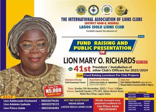 7 DAYS TO GO: LAGOS ISOLO LIONS CLUB TO HOLD FUNDRAISING & INVESTITURE CEREMONY NOV. 5