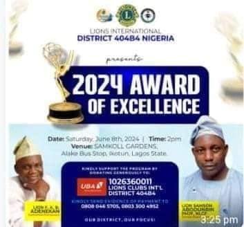 LIONS CLUBS INT’L DISTRICT 404B-4 NIGERIA TO HOLD 2024 AWARD CEREMONY