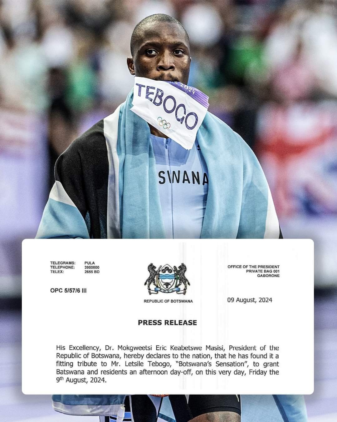 Botswana declares holiday to honour Olympics gold medalist, Letsile Tebogo